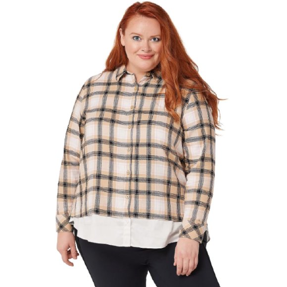 Isaac Mizrahi Live! Plus 22 Plaid Button Front Layered Shirt Neutral Tan 22W - Picture 1 of 9